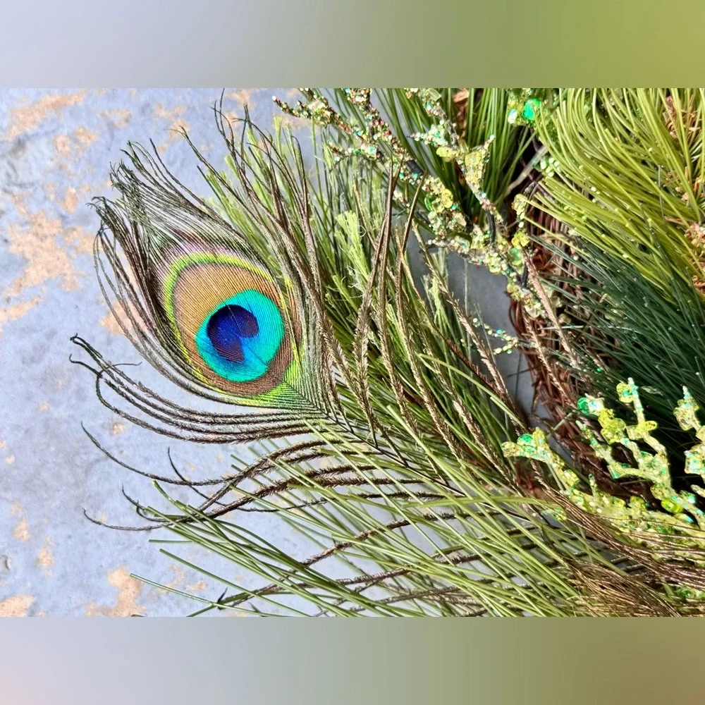 17” PEACOCK FEATHER Maximalist Wreath w Gems & Crystals on Grapevine Ring Base